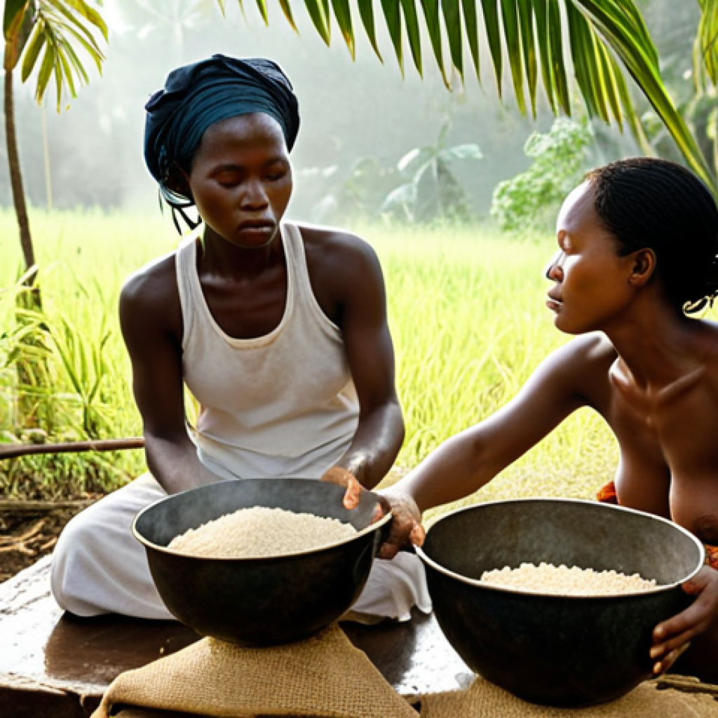A serene, sun-drenched morning in a rural Guinean tabanca. Women are gently pounding rice, surrounded by lush tropical vegetation. The air is visibly filled with the warm mist of cooking fires and the subtle aroma of tropical fruits, while birds perch on nearby branches, singing. Emphasize a sense of peaceful awakening and natural symphony.