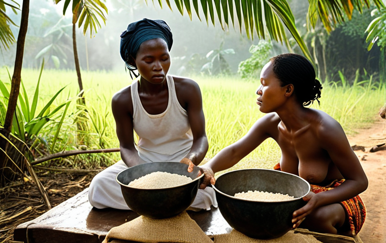 A serene, sun-drenched morning in a rural Guinean tabanca. Women are gently pounding rice, surrounded by lush tropical vegetation. The air is visibly filled with the warm mist of cooking fires and the subtle aroma of tropical fruits, while birds perch on nearby branches, singing. Emphasize a sense of peaceful awakening and natural symphony.