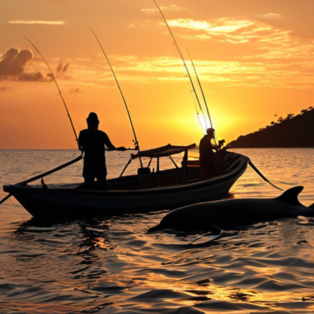 **Bijag&oacute;s Archipelago Sunset:** Tropical island sunset, golden light reflecting on the water, dolphins playing, fishing boat silhouette.