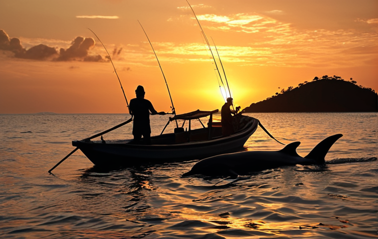 **Bijagós Archipelago Sunset:** Tropical island sunset, golden light reflecting on the water, dolphins playing, fishing boat silhouette.