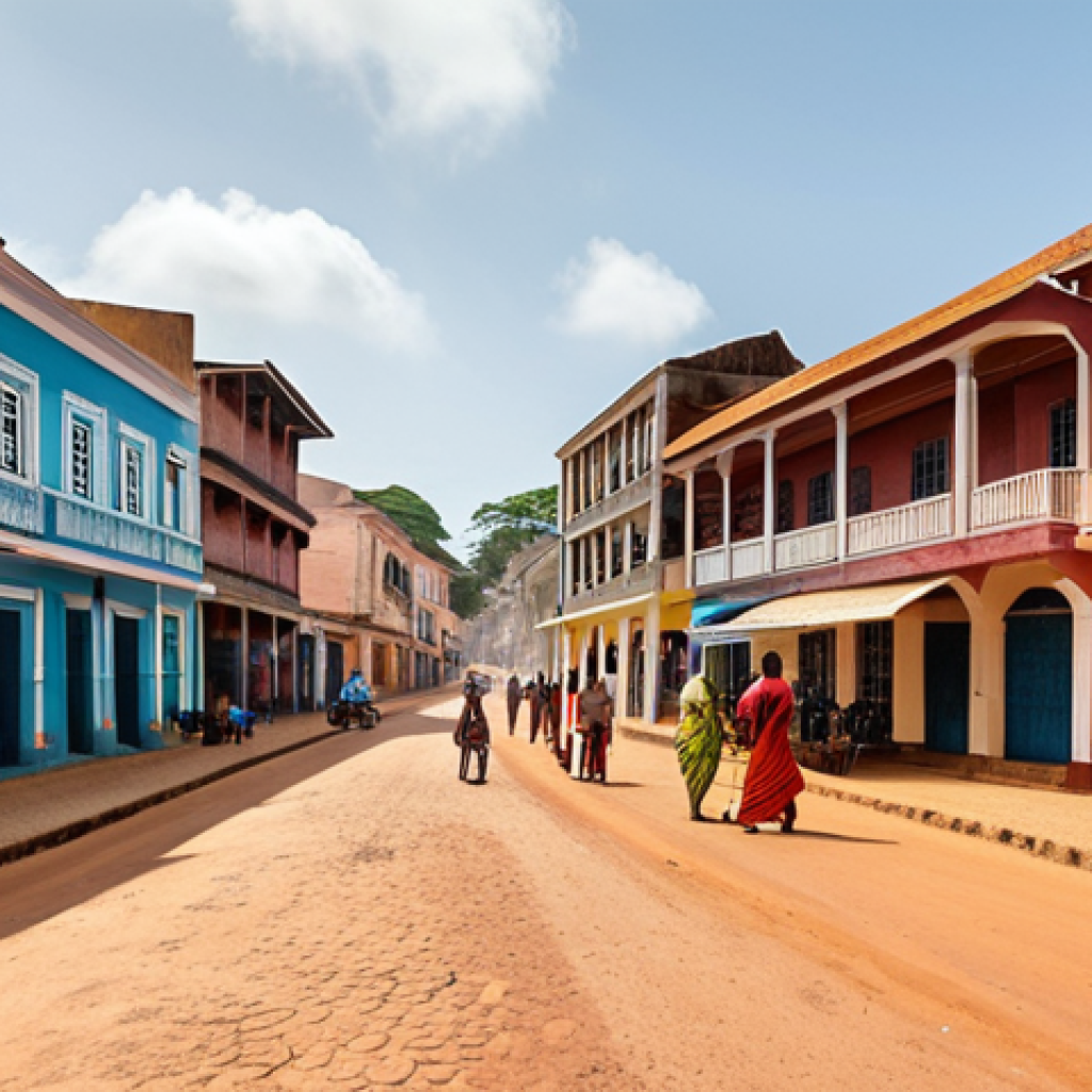 **

Prompt: A vibrant street scene in the historical district of Bissau, Guinea-Bissau. Capture the mix of Portuguese colonial architecture and West African life. Include colorful buildings, local people interacting, and perhaps a street vendor. Focus on the textures of the buildings and the warm, humid light.

**