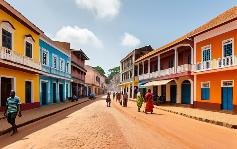 **
Prompt: A vibrant street scene in the historical district of Bissau, Guinea-Bissau. Capture the mix of Portuguese colonial architecture and West African life. Include colorful buildings, local people interacting, and perhaps a street vendor. Focus on the textures of the buildings and the warm, humid light.
**