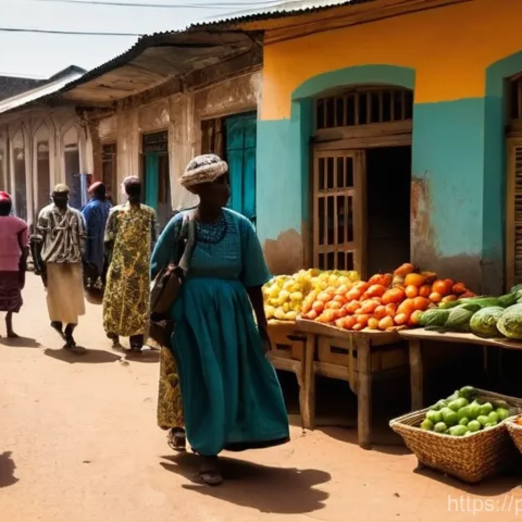 기니비사우 주요 관광지 - **Vibrant Streets of Bissau Velho:**
    "A bustling street scene in Bissau Velho, Guinea-Bissau, fi...