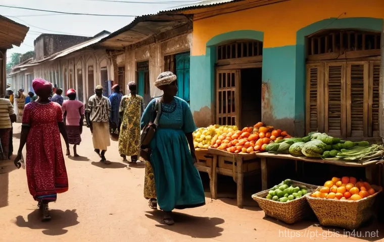 기니비사우 주요 관광지 - **Vibrant Streets of Bissau Velho:**
"A bustling street scene in Bissau Velho, Guinea-Bissau, fi...