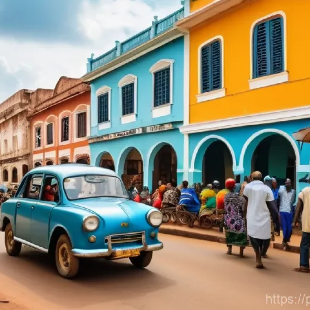 기니비사우에서 생활하는 외국인의 경험담 - A vibrant and bustling street scene in Bissau, Guinea-Bissau, capturing the energetic cultural immer...