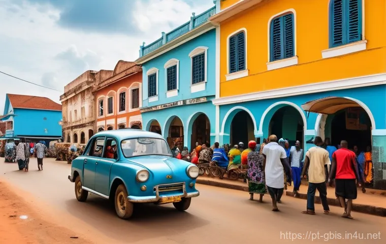 기니비사우에서 생활하는 외국인의 경험담 - A vibrant and bustling street scene in Bissau, Guinea-Bissau, capturing the energetic cultural immer...