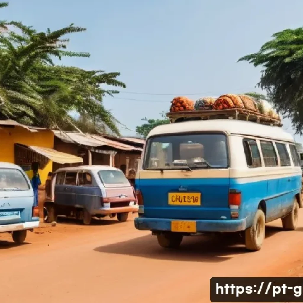 기니비사우 여행 팁과 예산 계획 - A bustling street scene in Bissau, Guinea-Bissau, showing colorful "chapas" (shared vans) parked alo...