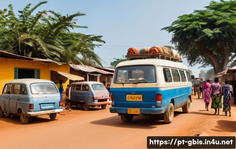 기니비사우 여행 팁과 예산 계획 - A bustling street scene in Bissau, Guinea-Bissau, showing colorful "chapas" (shared vans) parked alo...