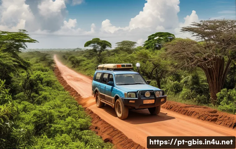 기니비사우에서 운전과 차량 렌트 가이드 - A rugged 4x4 SUV driving on a dusty, uneven dirt road in rural Guinea-Bissau, surrounded by lush gre...