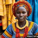 기니비사우의 전통 의상과 패션 트렌드 - A vibrant traditional Guinean woman dressed in a colorful "pano diola" cotton fabric adorned with ge...
