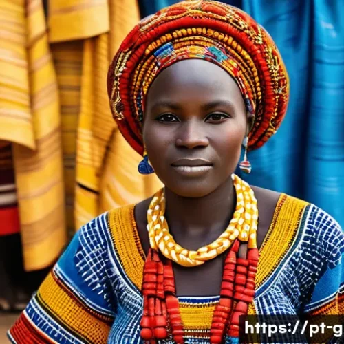 기니비사우의 전통 의상과 패션 트렌드 - A vibrant traditional Guinean woman dressed in a colorful "pano diola" cotton fabric adorned with ge...