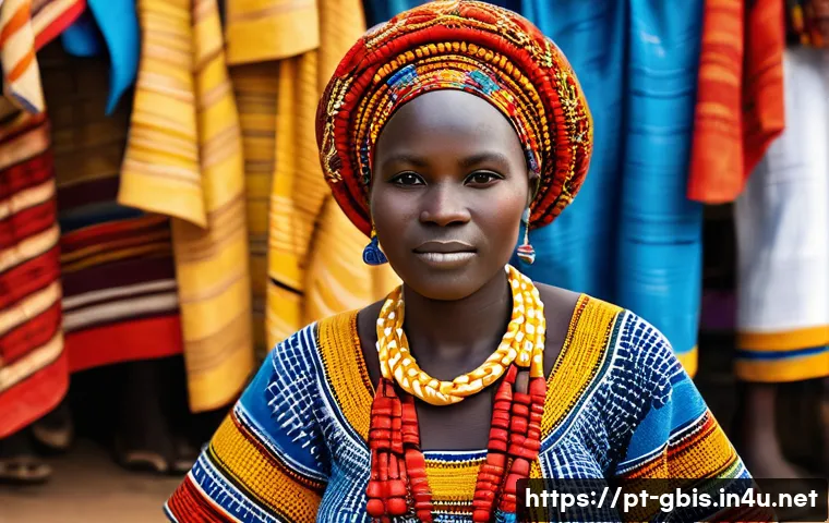 기니비사우의 전통 의상과 패션 트렌드 - A vibrant traditional Guinean woman dressed in a colorful "pano diola" cotton fabric adorned with ge...