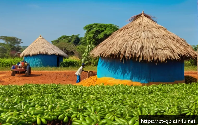 기니비사우의 정치적 안정성과 미래 전망 - A vibrant rural Guinean cashew nut farm scene during harvest season, showing local farmers in colorf...