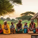 기니비사우의 신화와 전설 이야기 - A vibrant scene depicting a traditional Guinean griot storyteller dressed in colorful, intricate loc...