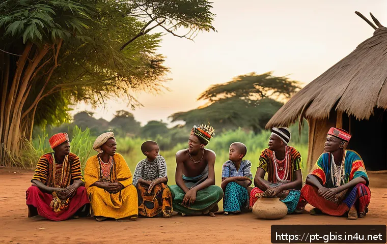 기니비사우의 신화와 전설 이야기 - A vibrant scene depicting a traditional Guinean griot storyteller dressed in colorful, intricate loc...